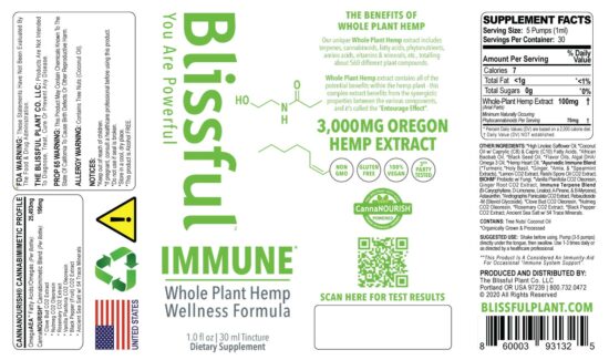 Blissful Plant IMMUNE* Hemp Oil Tincture Box Label