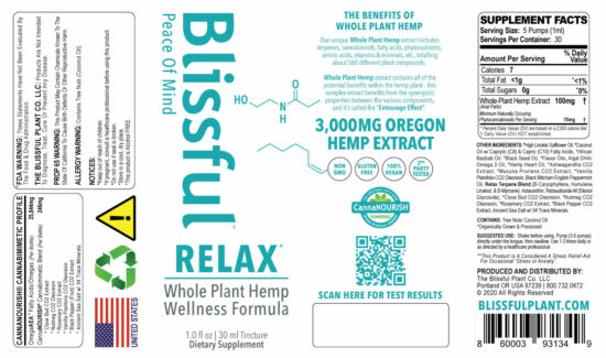 Blissful Plant RELAX* Hemp Oil Tincture Box Label