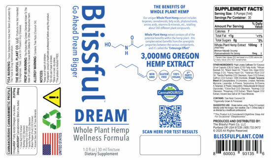 Blissful Plant DREAM* Hemp Oil Tincture Box Label