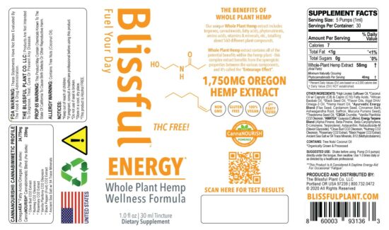 Blissful Plant ENERGY* Hemp Oil Tincture Box Label