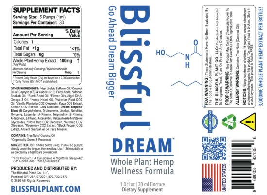 Blissful Plant DREAM* Hemp Oil Tincture Label