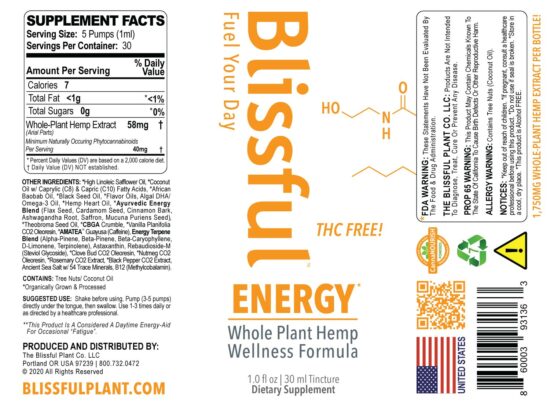 Blissful Plant ENERGY* Hemp Oil Tincture Label