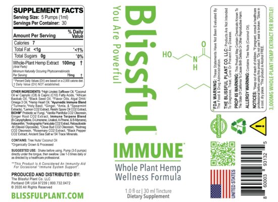 Blissful Plant IMMUNE* Hemp Oil Tincture Label