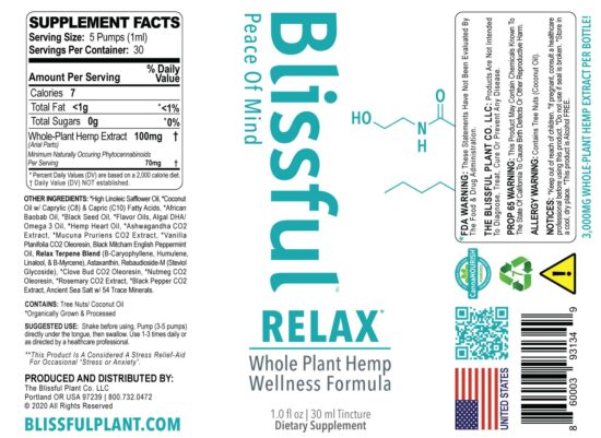 Blissful Plant RELAX* Hemp Oil Tincture Label