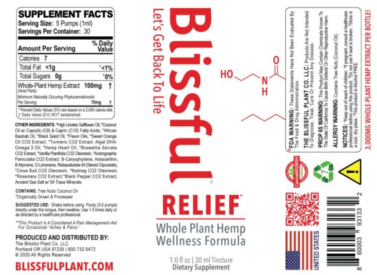 Blissful Plant RELIEF* Hemp Oil Tincture Label